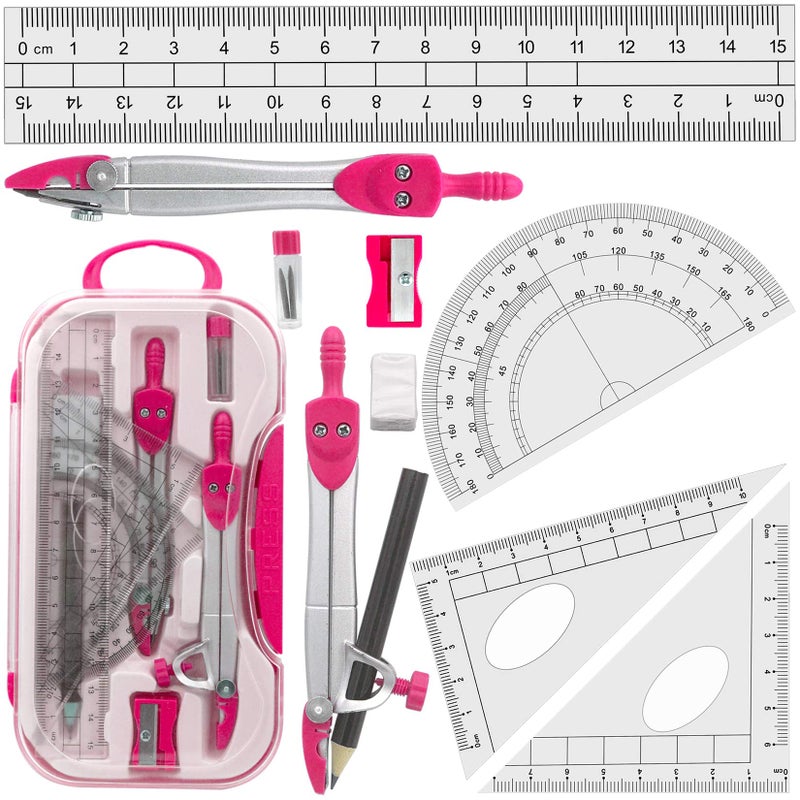 Akuoly Geometry Set Maths Compasses for Grade Students Back to School Supplies with Compasses Protractor in Carry Case, Pink - Image 1